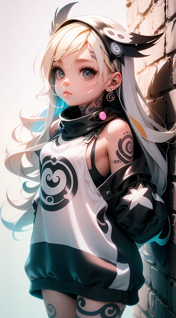 On a brick wall. Doodle drawing. Against the background of white circles, A cute cool blonde rocker and a tattooed young girl dressed in black, On her shoulder is an owl