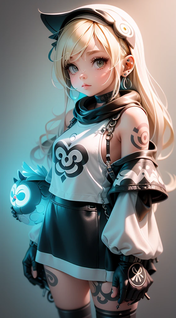 On a brick wall. Doodle drawing. Against the background of white circles, A cute cool blonde rocker and a tattooed young girl dressed in black, On her shoulder is an owl