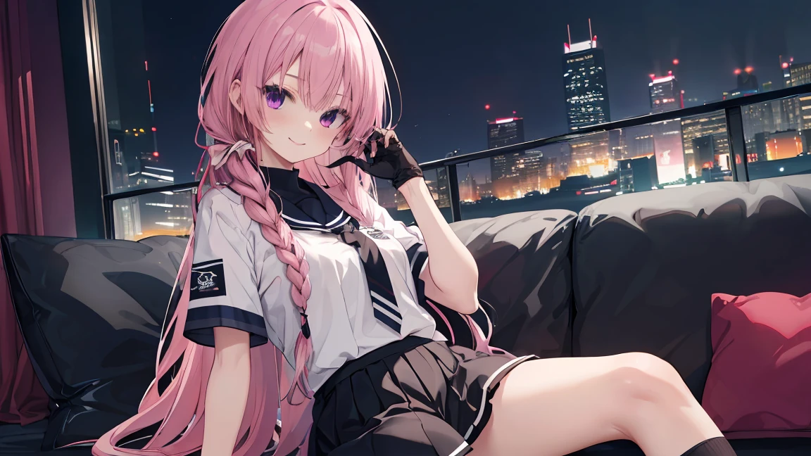 a girl,solo,Long pink hair,gentle,Smile,medium long hair,Distribute,White short sleeves,White short sleeves游戏服,black skirt,black underwear,black gloves,cyberpunk characters,night, night city background,digital punk, anime style 4k, Sitting on the sofa,indoors,in the bedroom,((black high-socks)),mitsukasa ayase、character-centered