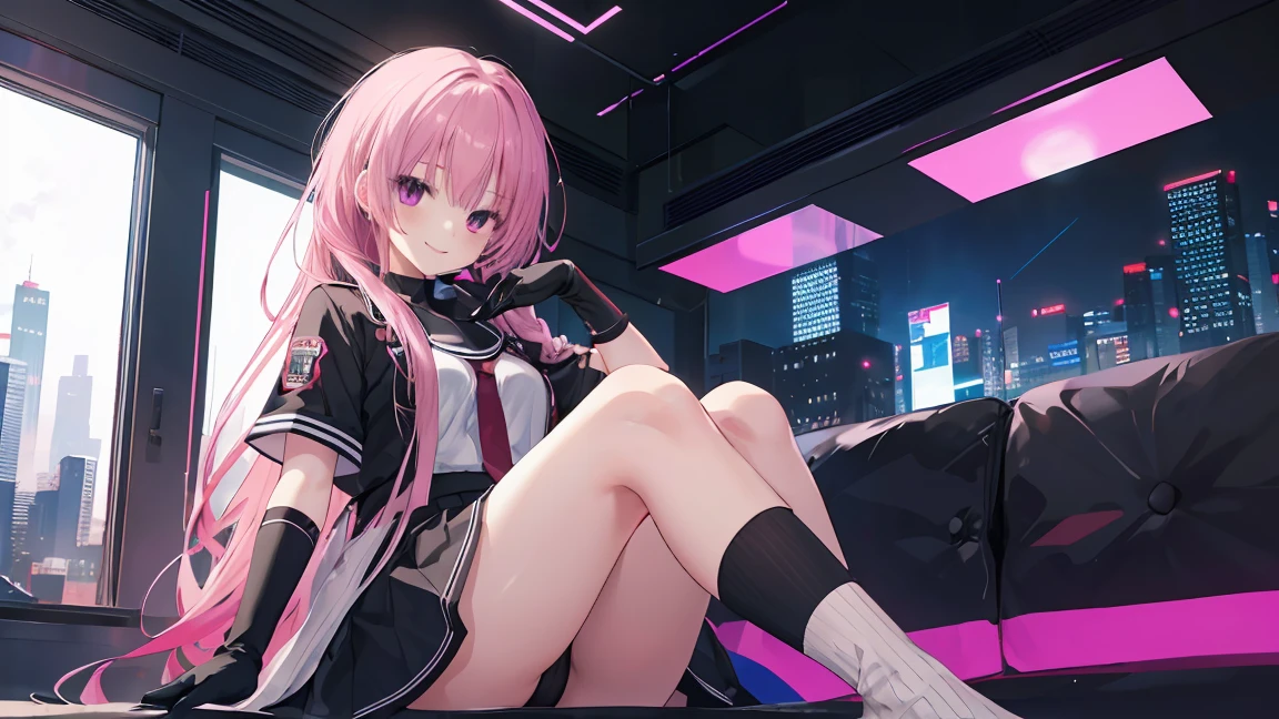 a girl，solo，Long pink hair，gentle，Smile，medium long hair，Distribute，White short sleeves，White short sleeves游戏服，black skirt，black underwear，black gloves，cyberpunk characters,night, night city background，digital punk, anime style 4k, Sitting on the sofa，indoors，in the bedroom，((black high-socks))，mitsukasa ayase、character-centered