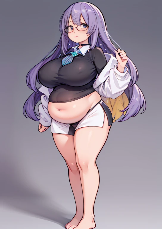 (masterpiece, best quality, highly detailed), 1girls, big belly, blurry background, huge belly, art by kipteitei, round belly, chubby, curvy, simple_background, gradient_background, belly grab, enormous belly, fat belly, thicc, bigger belly, really big belly, jiggly belly, shirt covering belly, belly cover by shirt, glasses, barefoot, (mommy), ((full body)), long hair