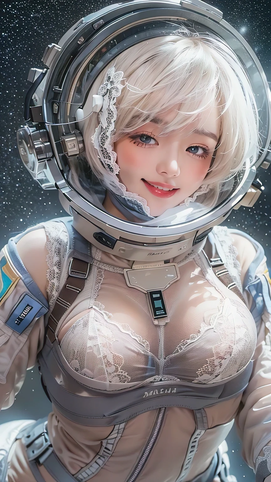 realistic, 4K, top quality、masterpiece、Ultra A high resolution、(realistic:1.4)、beautiful woman１、Beautifully detailed eyes and skin、smile、happy expression, smile towards you, ((very large breasts)), My heart flows down due to gravity, light brown short hair、Full vinyl spacesuit、spacesuit with visible underwear, ((white lace thong bra, Lace T-panties)), spaceship、Outer space、Iced&snow planet、very erotic pose, woman who wants to have sex, Looking straight at the camera, A woman I want to hug, Obscene pose in weightlessness,