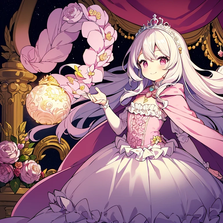 (kawaii),(best quality),(ultra detailed), upper body,(rococo style),(long train pastel pink cape:1.15), very long cape,(long train white ball gown with flower decorations), a girl is wearing a cape over her gown, 1 little princess, tiara, smile, small breasts, very long hair