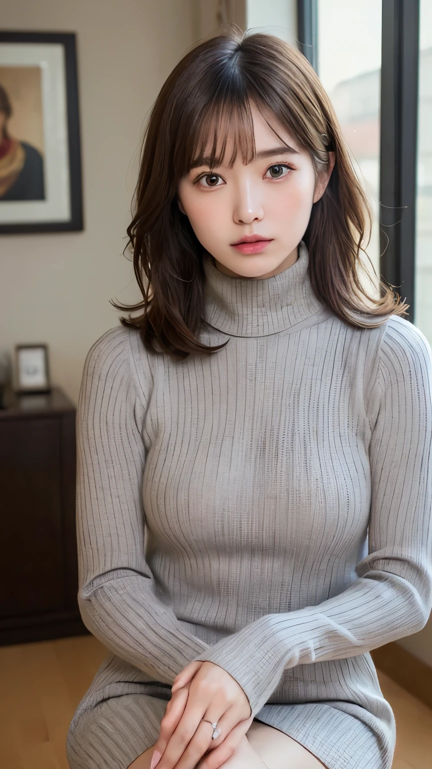 (masterpiece:1.5)、(realistic:1.5)、(highest quality:1.4、8K、Raw photo)、
ultra high resolution、professional lighting、perfect dynamic composition、Photographed indoors、
film grain、chromatic aberration、(Bokeh:1.1)、
Frank、Sophisticated、charm、超realistic、high detail、golden ratio、
(1 girl)、slender girl、繊細でcharm女の子、cute woman:1.4、
serious expression、looking at the viewer、sculpture installation、
light brown hair、shining hair、Hair style is ponytail、
real looking skin、
close your mouth、fine eyes、double eyelid、thin arms、、
(She is wearing a light grey ribbed turtleneck sweater dress.:1.3)、(show thighs:1.5)