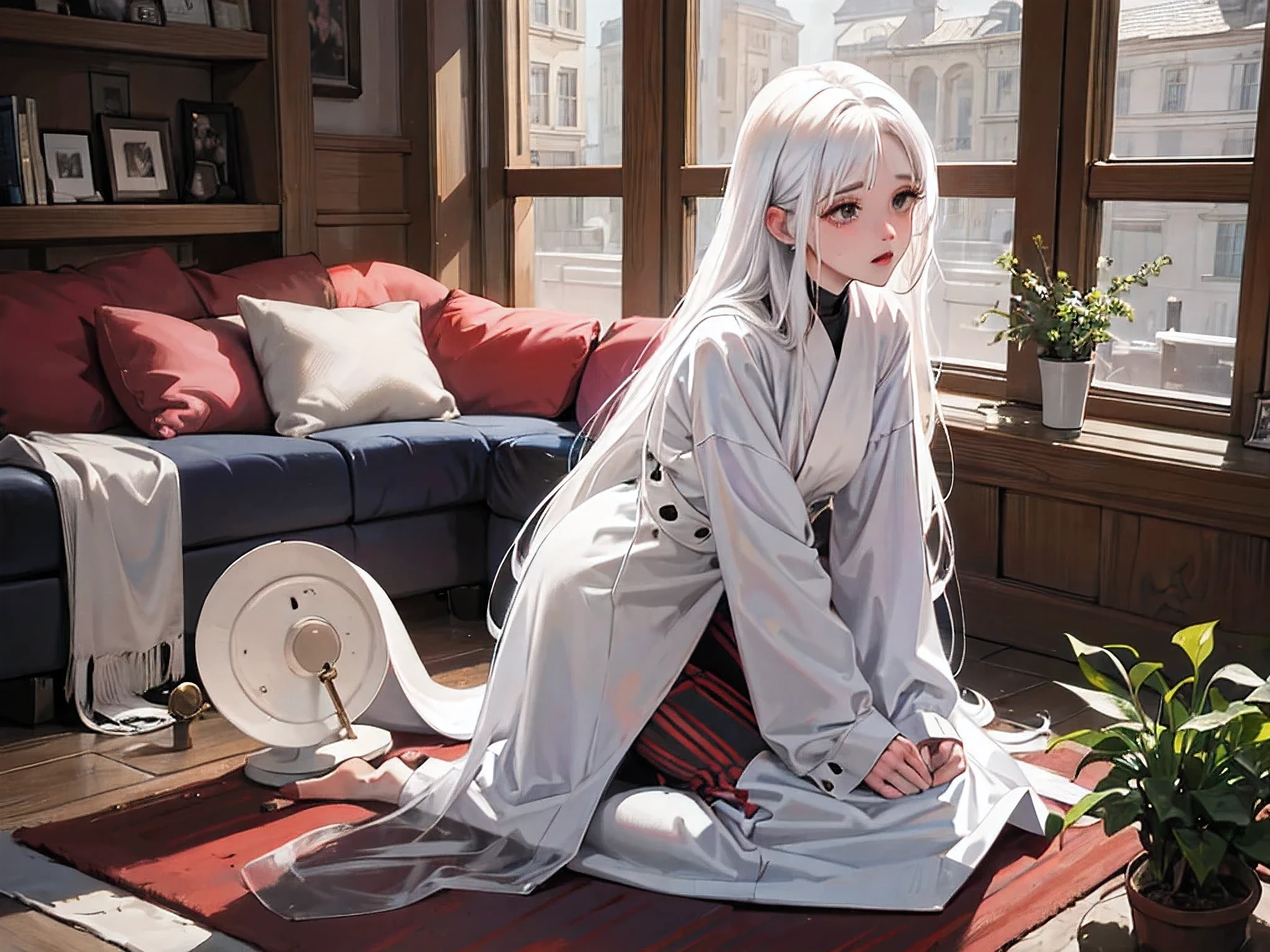 1 woman,White hair,beg,living room,Kneeling on the ground,shed tears