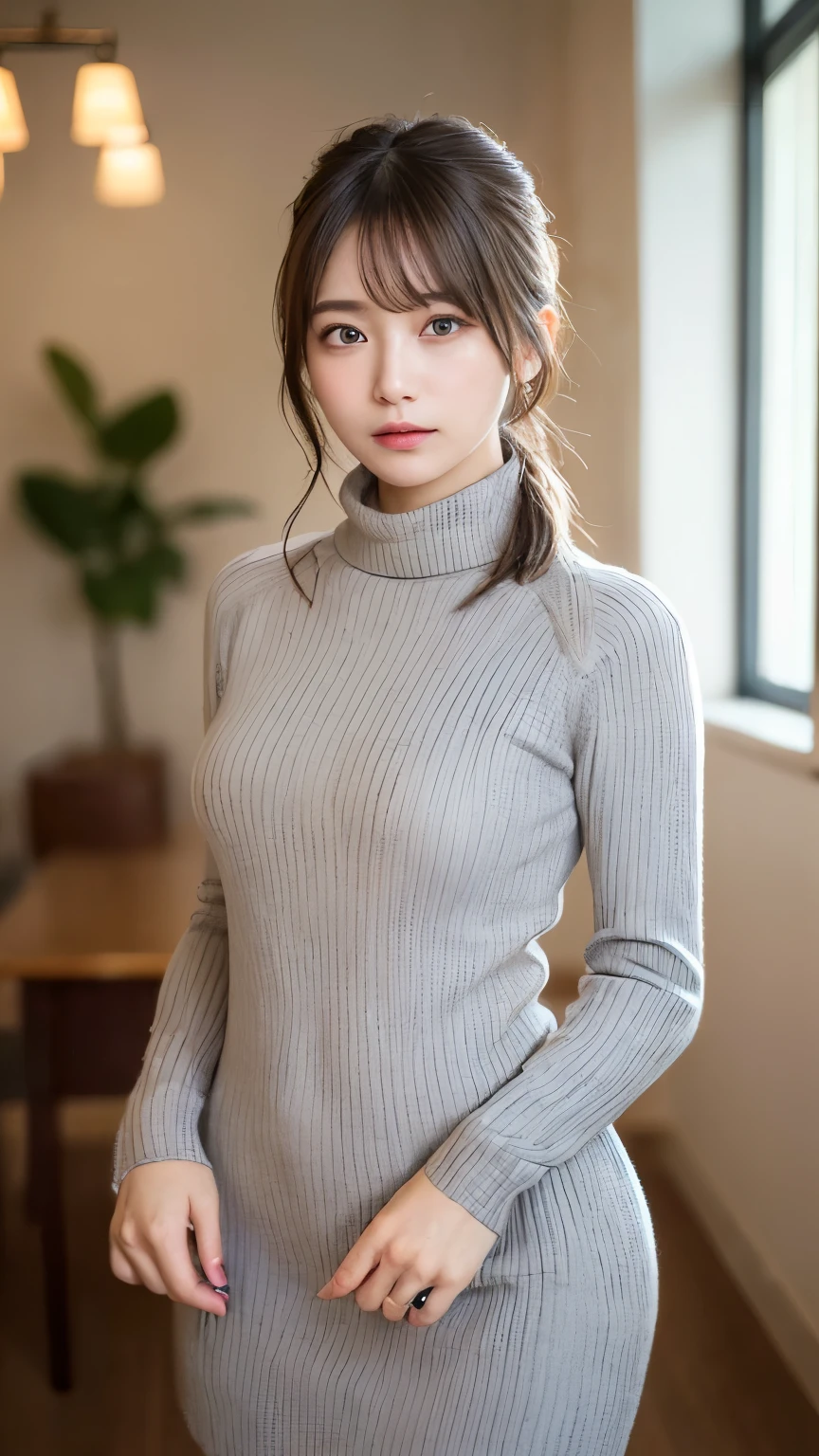 (masterpiece:1.5)、(realistic:1.5)、(highest quality:1.4、8K、Raw photo)、
ultra high resolution、professional lighting、perfect dynamic composition、Photographed indoors、
film grain、chromatic aberration、(Bokeh:1.1)、
Frank、Sophisticated、charm、超realistic、high detail、golden ratio、
(1 girl)、slender girl、繊細でcharm女の子、cute woman:1.4、
serious expression、looking at the viewer、sculpture installation、
light brown hair、shining hair、Hair style is ponytail、
real looking skin、
close your mouth、fine eyes、double eyelid、thin arms、、
(She is wearing a light grey ribbed turtleneck sweater dress.:1.3)、(show thighs:1.5)