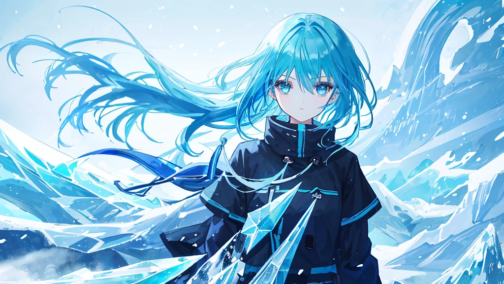 girl with blue hair, cyan eyes, teal hair, blue hair, ice, waves of snow and ice, sharp eyes, sky