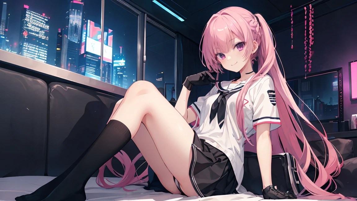 a girl,solo,Long pink hair,gentle,Smile,medium long hair,Distribute,White short sleeves,White short sleeves游戏服,black skirt,black underwear,black gloves,cyberpunk characters,night, night city background,digital punk, anime style 4k, Sitting on the sofa,indoors,in the bedroom,((black high-socks)),mitsukasa ayase、character-centered
