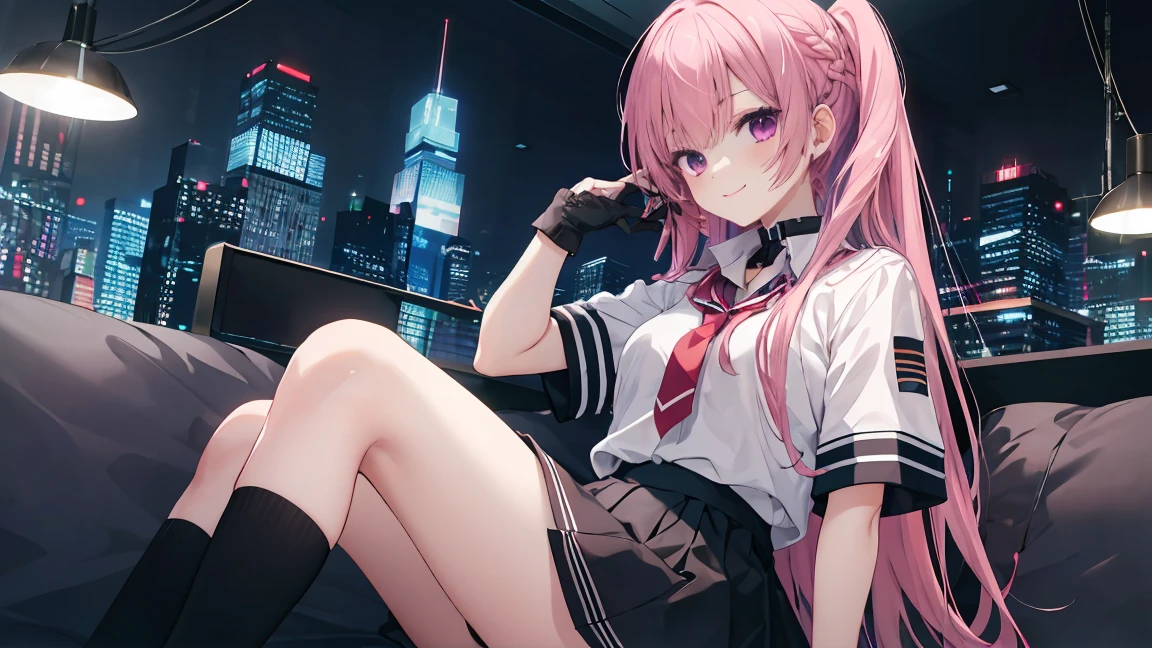 a girl,solo,Long pink hair,gentle,Smile,medium long hair,Distribute,White short sleeves,White short sleeves游戏服,black skirt,black underwear,black gloves,cyberpunk characters,night, night city background,digital punk, anime style 4k, Sitting on the sofa,indoors,in the bedroom,((black high-socks)),mitsukasa ayase、character-centered