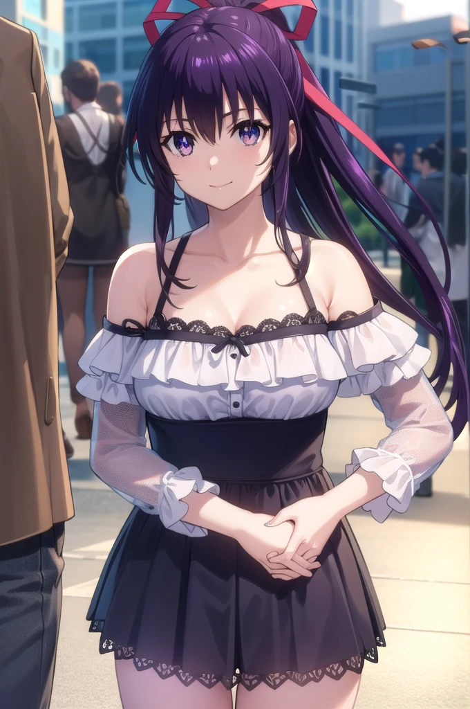 tohkayatogami, tohka yatogami casual, long hair, purple hair, alluringly smile, one piece dress, black dress, cold shoulder, off shoulder, cross neck bra string, lace dress, see through, lace sleeve, long sleeves, necklace, ribbon , (purple eyes:1.1), hair ribbon, ponytail, purple hair, white ribbon,g cup breasts, plump butt,
BREAK ,
BREAK outdoors, city, people, crowd, sky, clouds, sun, blue sky,
BREAK looking at viewer, (cowboy shot:1.5),
BREAK (masterpiece:1.2), best quality, high resolution, unity 8k wallpaper, (illustration:0.8), (beautiful detailed eyes:1.6), extremely detailed face, perfect lighting, extremely detailed CG, (perfect hands, perfect anatomy),