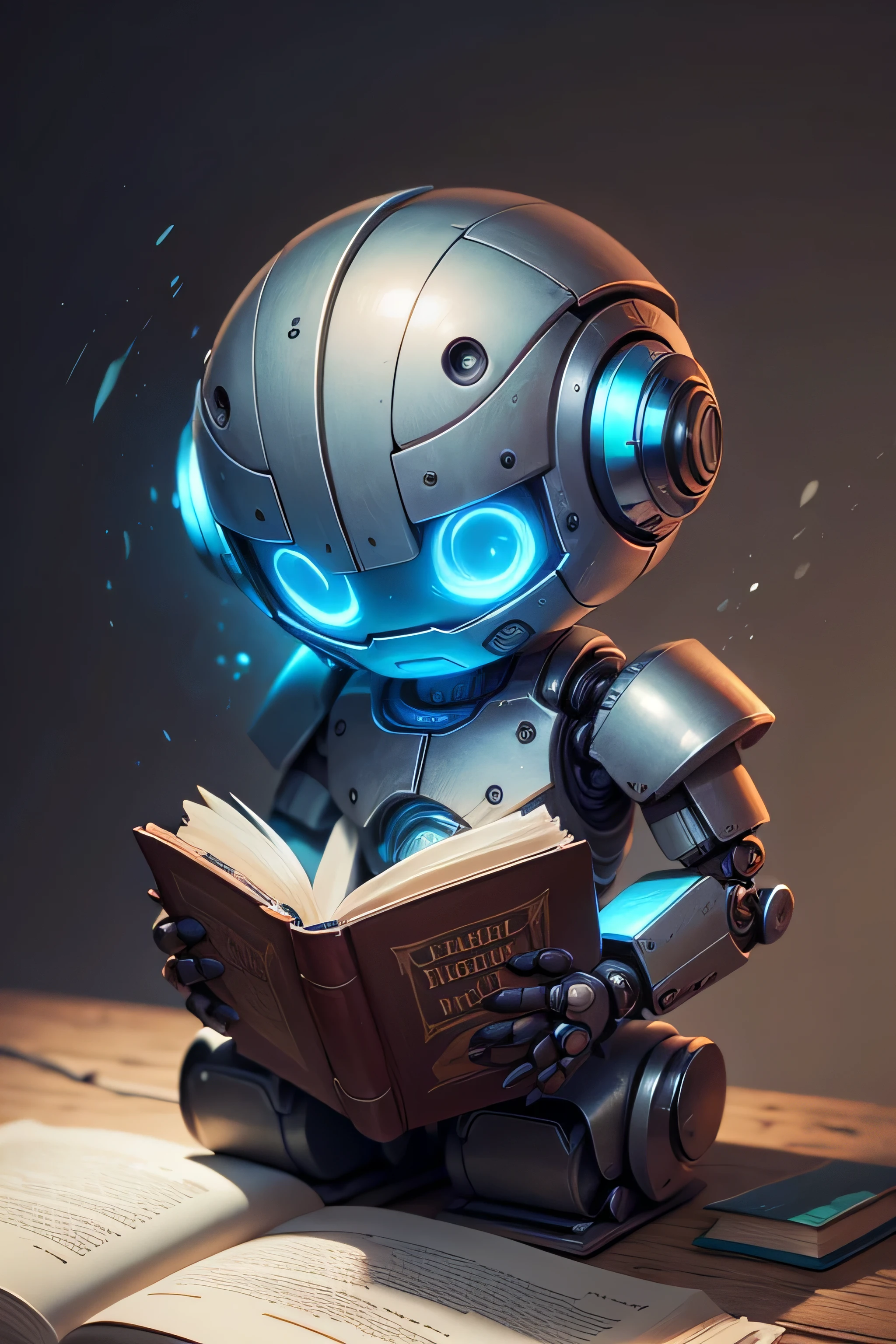Create a realistic humanoid robot holding a book