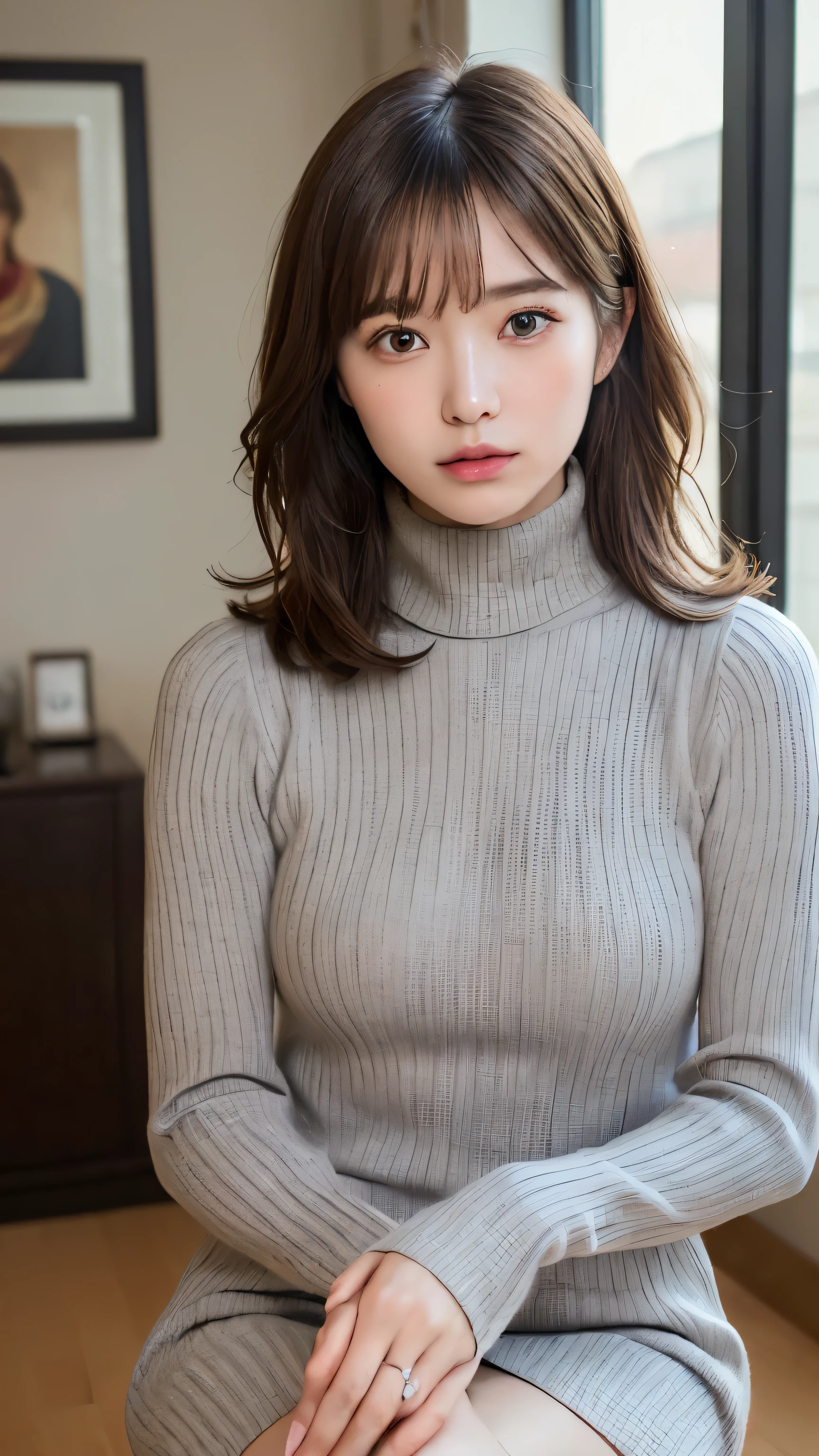 (masterpiece:1.5)、(realistic:1.5)、(highest quality:1.4、8K、Raw photo）、
ultra high resolution、professional lighting、perfect dynamic composition、Photographed indoors、
film grain、chromatic aberration、(Bokeh:1.1)、
Frank、Sophisticated、charm、Super realistic、high detail、golden ratio、
(1 girl)、slender girl、delicate and charm girl、cute woman:1.4、
serious expression、looking at the viewer、sculpture installation、
light brown hair、shining hair、Hair style is ponytail、
real looking skin、
close your mouth、fine eyes、double eyelid、thin arms、、
(She is wearing a light grey ribbed turtleneck sweater dress.:1.3)、(show thighs:1.5)