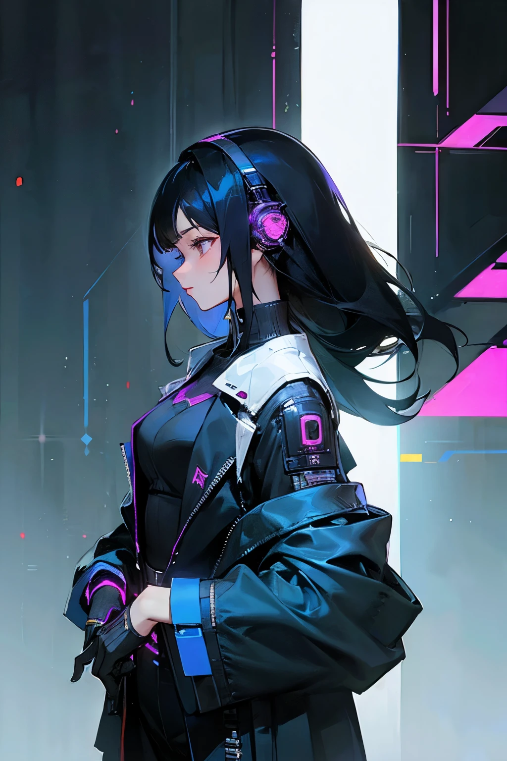 (masterpiece, highest quality), 1 girl, black hair, suit, cyber punk, alone, Waist height, sexy look、profile、intellectual