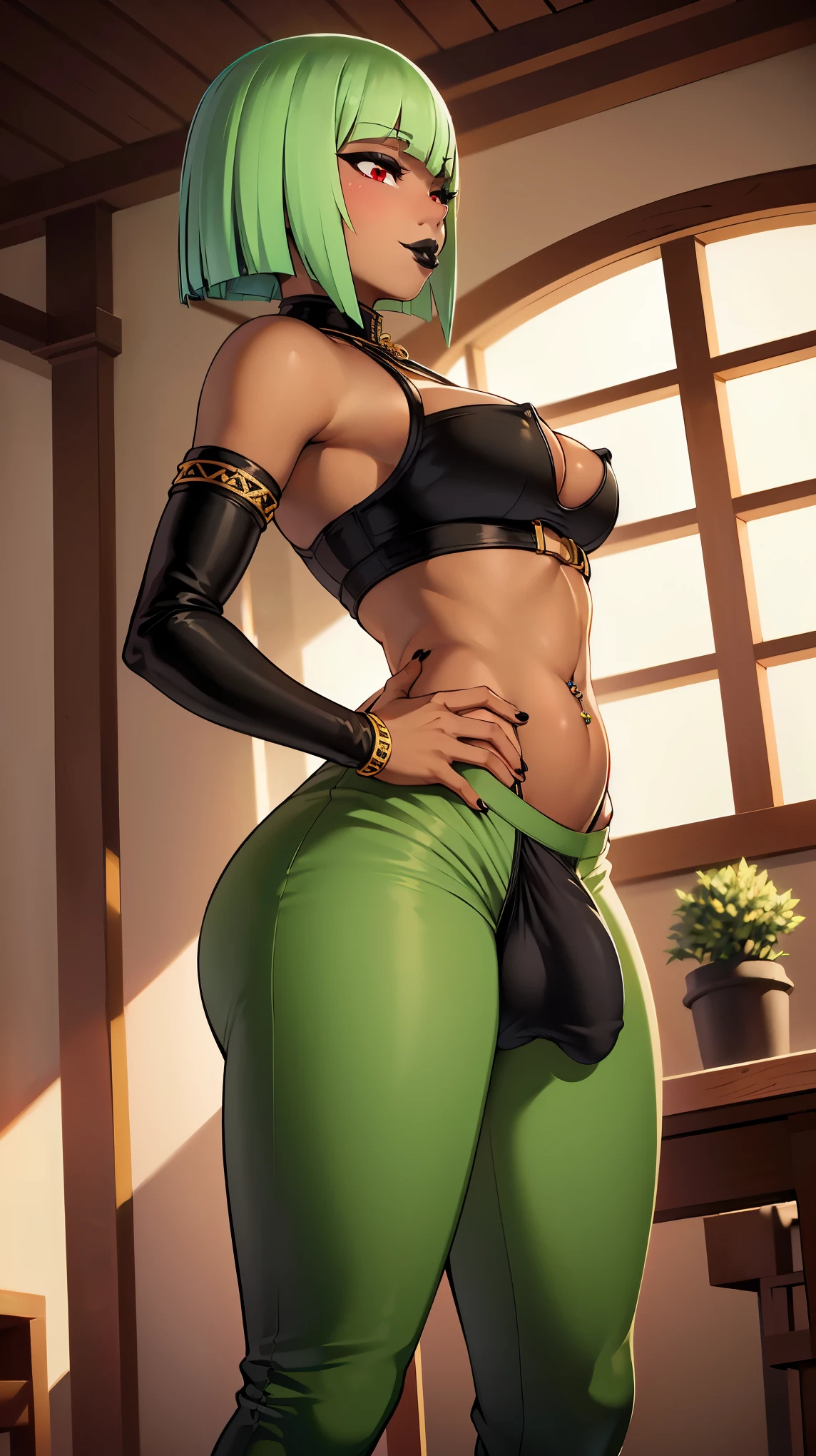 (solo:1.1),(masterpiece), (best quality:1.3), highly detailed, intricate, professional art, digital art, absurdres, confidant, emerald sustrai, futanari emerald sustrai wearing a green leotard cleavage cutout detached sleeves and pants confidently posing with hand on hip indoors, pants, 1girl, solo, (dark skin:1.4), green hair, bob hair, gold hoop earrings, gold jewellery, ab lines, (gold navel piercing:1.1), detailed stomach, red eye colour, dark skin, small breasts, (aroused:1.2), (futanari:1.1), (wide hips:1.4), (makeup 1:1), beestung lips, (black lipstick:1.3), penis bulge, pants straps riding hips, (crotch bulge:1.4), crotch bulge, testicle bulge , furniture, side view, bubble butt, protruding butt, perky ass, gluteal crease, universal lighting
