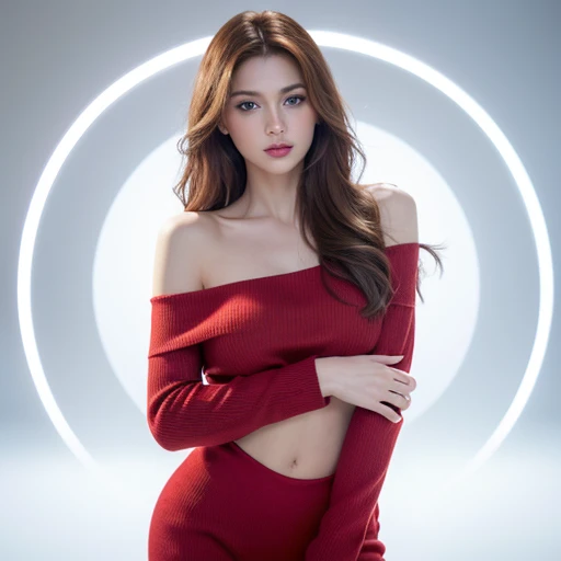 (((full medium shot))), (Masterpiece, photorealistic, photorealism, best quality, ultra-detailed:1.3), (nice hands, perfect hands), official art, cinematic light, (1girl:1.3), adult, ginger girl, character concept art of a beautiful woman leaning over, red sweater falling off her shoulder, extremely sexy, seductive, long hair, luscious lips, (small breasts, big hips, looking at the viewer), blue eyes, glowing eyes, crystal eyes, reflection in eyes, (simple background, white background, magic circles in background)