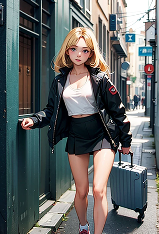 Tall slim girl. Short black mini skirt. Puffer jacket. Sneakers. No vest. 18 years old. Blonde. Beautiful. European. No bra. No top. In alleyway. Suitcase