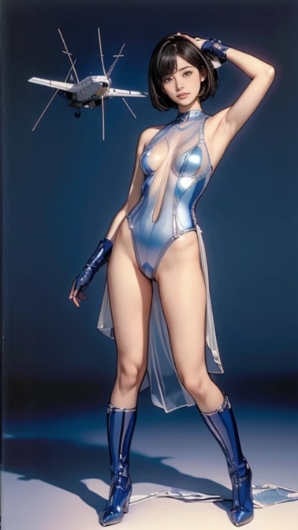 (masterpiece、highest quality、highest resolution、clear_image、Detailed details): (full body figure、18 year old girl、Japanese face、small face、thin、Super Short Bob Cut Hair、blue colored eyes、transparent and shiny pilot suit、tight-fitting clothes、clothes that cover the whole body、Clothes with holes in the abdomen、tight fit pants、very delicate and beautiful、hide thighs、hide your butt、cute type、gentle smile、soft expression、I can see your stomach and navel、Transparent and shiny knee-high boots、gloves up to the elbow、eye level shot、face directly、woman on a spaceship), (((raise both arms、Please show me your armpits)))、(((crack in the groin)))、All clothes are translucent、I can see your breasts、Open Hand Pose、spread your hands、upper arm、two legs