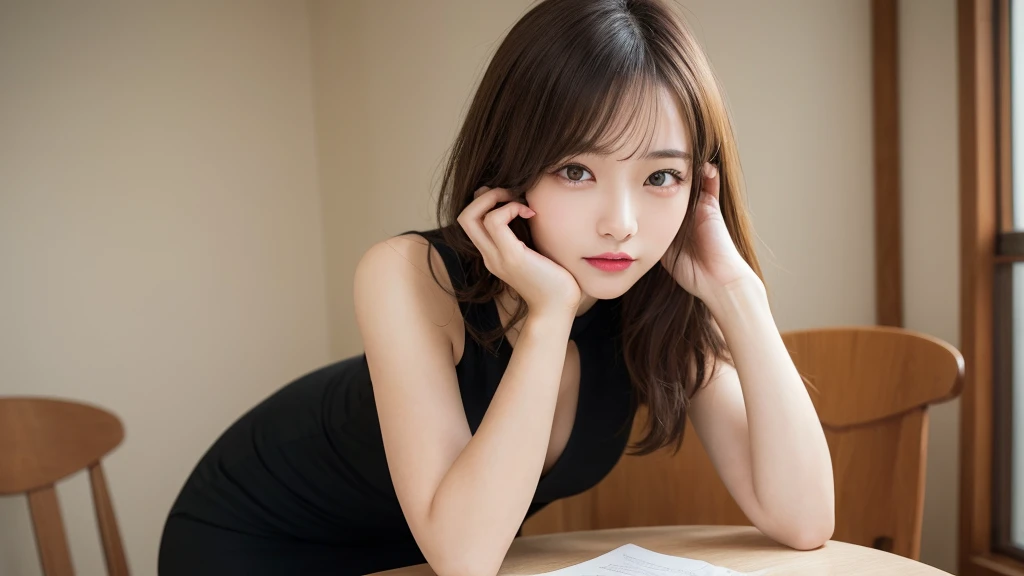 table top, highest quality, figure, Super detailed, finely, High resolution, 8k wallpaper, 完璧なダイナミックな構figure, detailed and beautiful eyes, black tight dress, medium hair,blonde hair color ,small breasts, natural color lip, random sexy poses,random situation,slender body,narrow side,Wink sexily