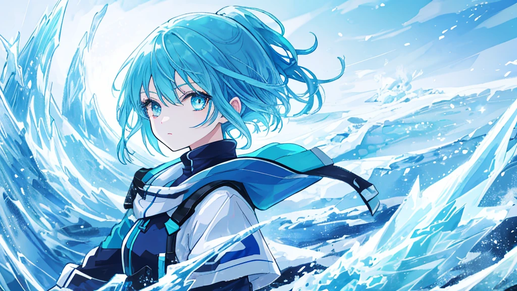 girl with blue hair, cyan eyes, teal hair, blue hair, ice, waves of snow and ice, sharp eyes, sky