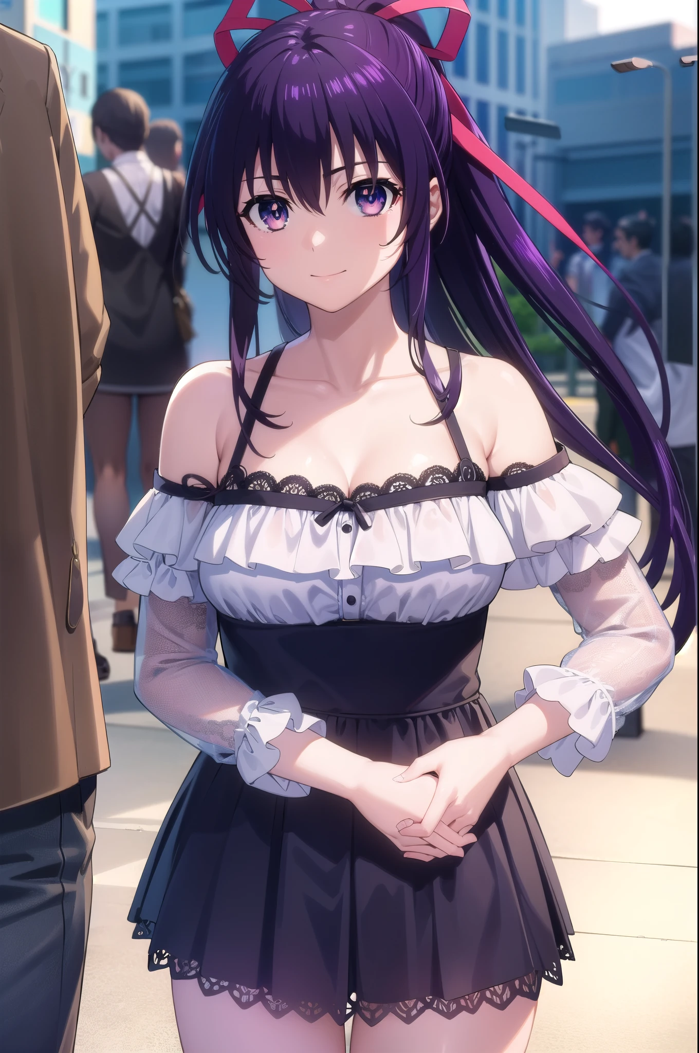 tohkayatogami, tohka yatogami casual, long hair, purple hair, alluringly smile, dress, mini dress, v neck, ribbon, bare shoulders, (purple eyes:1.1), hair ribbon, ponytail, purple hair, white ribbon, off shoulder, armpits, g cup breast , cleavage, plump butt(maroon dress:1.2), short skirts, hand on back 
BREAK ,
BREAK outdoors, city, people, crowd, sky, clouds, sun, blue sky,
BREAK looking at viewer, (cowboy shot:1.5),
BREAK (masterpiece:1.2), best quality, high resolution, unity 8k wallpaper, (illustration:0.8), (beautiful detailed eyes:1.6), extremely detailed face, perfect lighting, extremely detailed CG, (perfect hands, perfect anatomy),