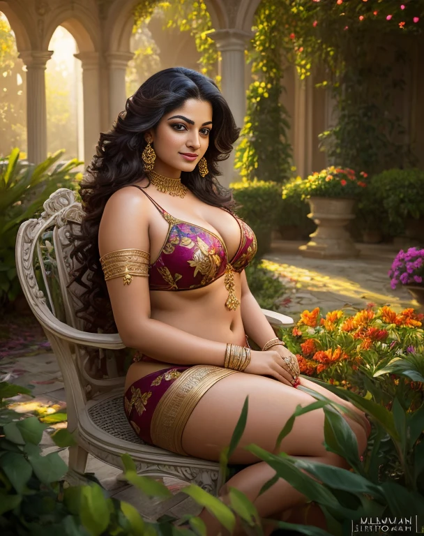 (masterpiece portrait photography:1.4) of a alluring sexy curvy tall supermodel Suhasini Iyer, posing in a garden , wearing beautiful, wearing ornate bikini, ornate venetian garden, heels, arms over head, armpits, (big flowing backlit hair), vivacious, lustful glance, exhilarated (captivating kohl lined eyes:1.1) , (seductive smile:1.3) soft dramatic lighting, falling leaves and flowers bokeh, key lighting backlit, light rays, highly detailed, trending on artstation, paint splashes, rich colour, wind all around, abstract portrait, by Ron hicks