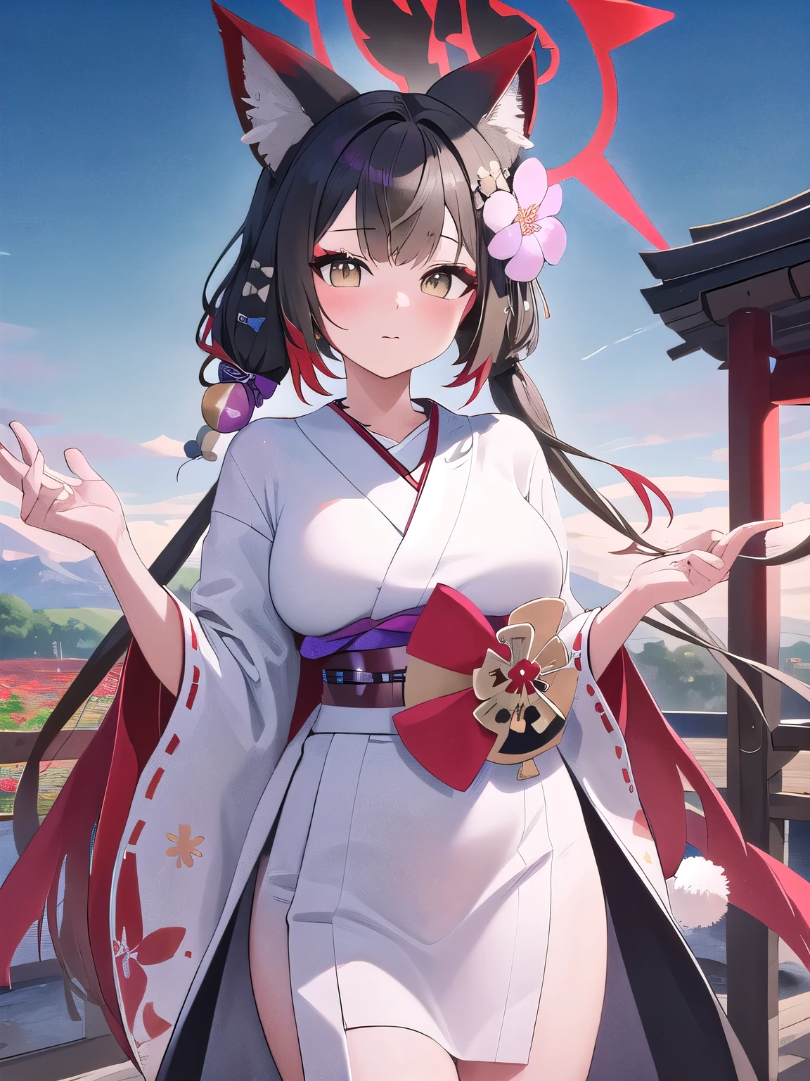 1hirl, (safe:1.10), best quality, masterpiece, highres, solo, (wakamo_bluearchive:1.10), halo, cowboy shot, looking at viewer, outdoor, standing, wear Japanese traditional dress, flower dress motives