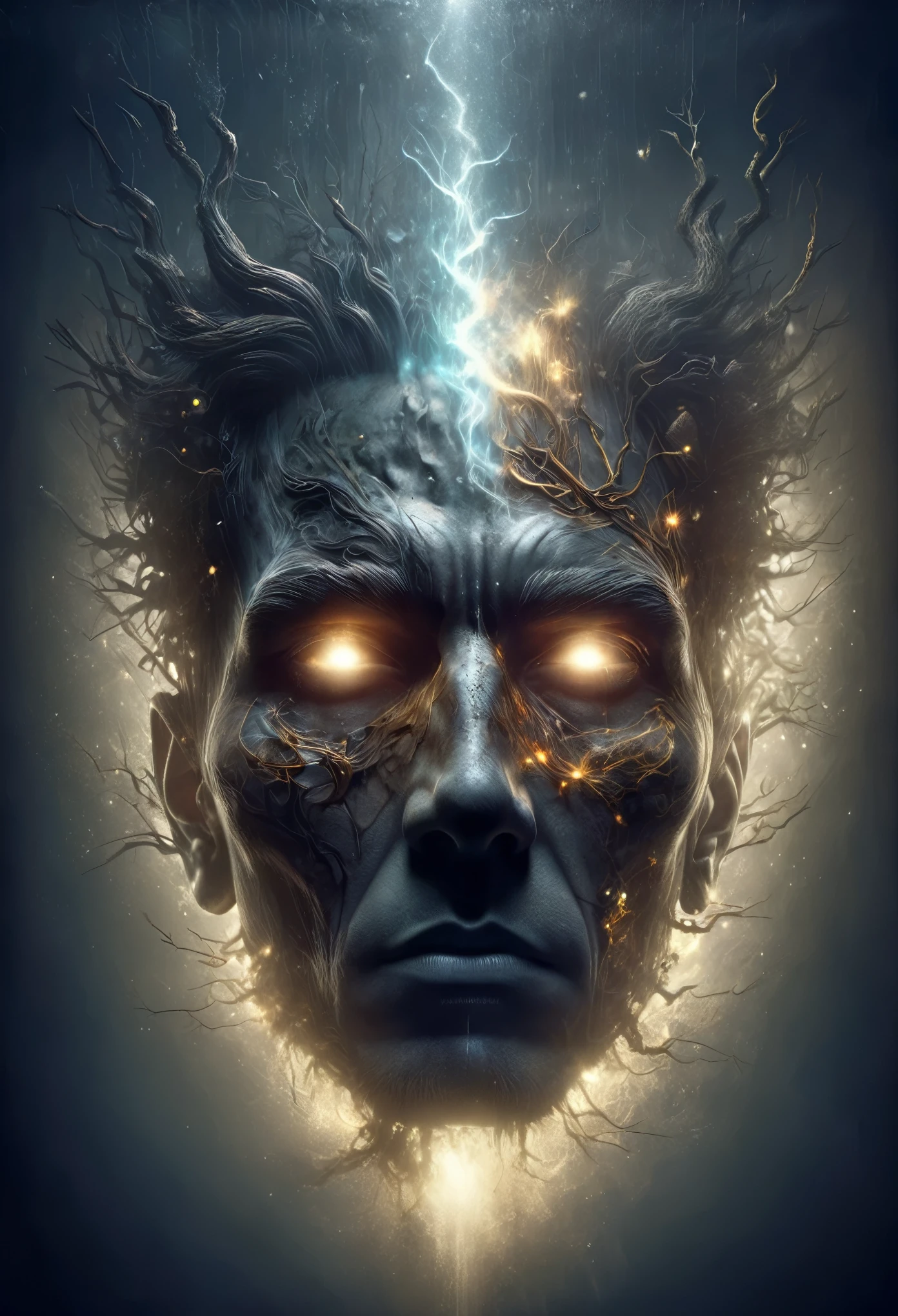 in style of conté artwork, portrait, beautiful detailed，Portrait of a huge head sculpture falling in water，Great Wilderness，Dense fog，old，Dead branches，Art style of Philip Hodaatte of the human soul, realism ，BDO works by American digital artist Stuart Lippincott，Use advanced tones and shading，Creates a dazzling and mysterious light，The deep spatial pattern and mysterious atmosphere,Create a sci-fi mechanical god realm,Highlighting the insignificance of human beings，and fear of the unknown，minimalist art，fantasy，Surrealism，Handsome man&#39;s face