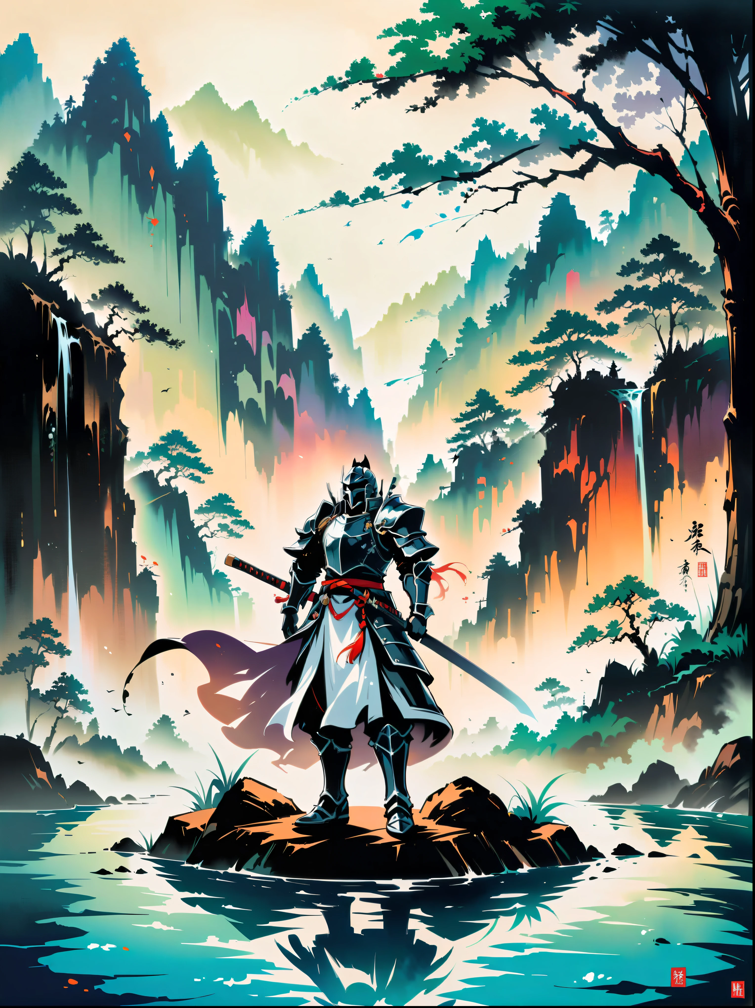Ink painting，Male knight on the water，A bamboo forest behind，sword，landscape，Ultra HD resolution，Freehand style，majestic，Natural light
