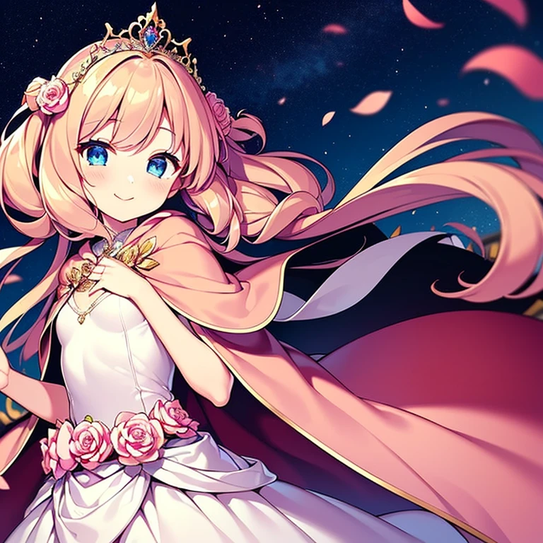 (kawaii),(best quality),(ultra detailed), upper body,(rococo style),(long train pastel pink cape:1.15), very long cape,(long train white ball gown with flower decorations), a girl is wearing a cape over her gown, 1 little princess, tiara, smile, small breasts, very long hair