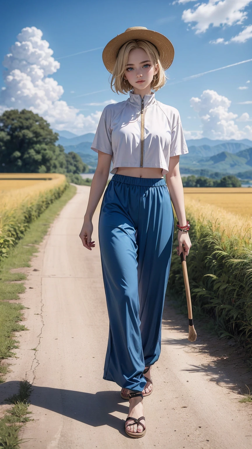 ((最high quality, 8K, masterpiece: 1.3, Ultra HD, high quality, 最high quality, High resolution, realism)) 、22 year old beautiful white woman、Hair color blonde、blue eyeedium hair、straight hair、smile、Slender but well-proportioned muscular body、Athlete-like body type、I don't want my head to disappear from the screen.、Wearing accessories on your wrist、put anklet on ankle、Wearing red nail polish、I have a peticure、Wear a high-neck zipper-up top、Transparent harem pants((harem pants))wear、サンダルwear、countryside on a summer evening、Walking along the ridge path of the rice fields、Cumulonimbus clouds in the evening sky、wear a large-brimmed hat、walk while swinging a wooden stick