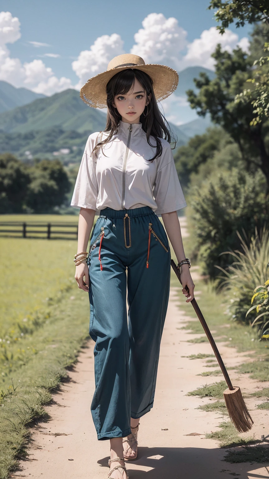 ((最high quality, 8K, masterpiece: 1.3, Ultra HD, high quality, 最high quality, High resolution, realism)) 、22 year old beautiful white woman、Hair color blonde、blue eyeedium hair、straight hair、smile、Slender but well-proportioned muscular body、Athlete-like body type、I don't want my head to disappear from the screen.、Wearing accessories on your wrist、put anklet on ankle、Wearing red nail polish、I have a peticure、Wear a high-neck zipper-up top、Transparent harem pants((harem pants))wear、サンダルwear、countryside on a summer evening、Walking along the ridge path of the rice fields、Cumulonimbus clouds in the evening sky、wear a large-brimmed hat、walk while swinging a wooden stick