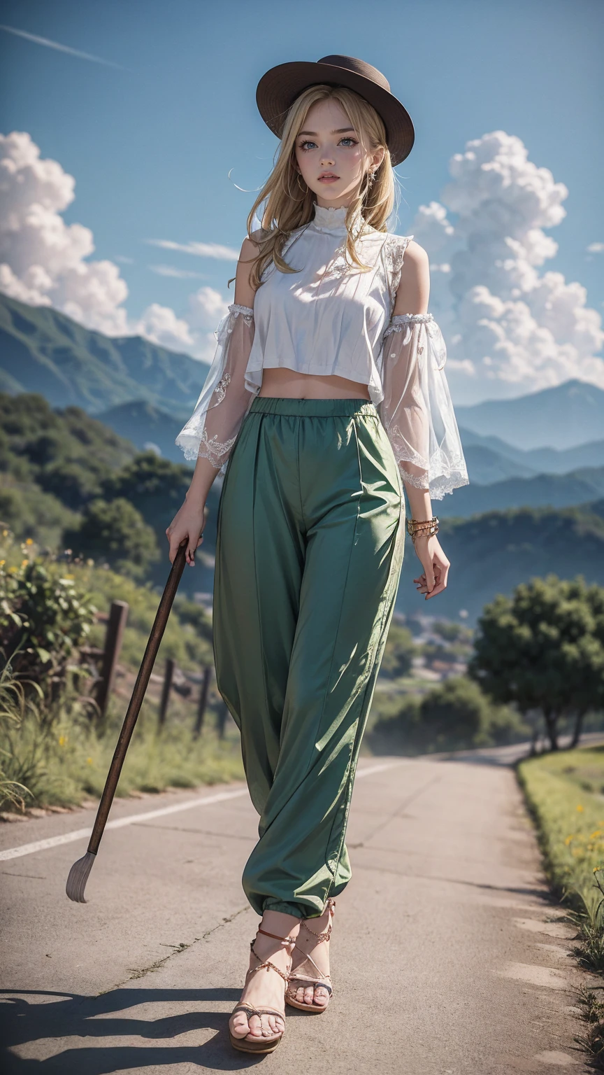 ((最high quality, 8K, masterpiece: 1.3, Ultra HD, high quality, 最high quality, High resolution, realism)) 、22 year old beautiful white woman、Hair color blonde、blue eyeedium hair、straight hair、smile、Slender but well-proportioned muscular body、Athlete-like body type、I don't want my head to disappear from the screen.、Wearing accessories on your wrist、put anklet on ankle、Wearing red nail polish、I have a peticure、Wear a high-neck zipper-up top、Transparent harem pants((harem pants))wear、サンダルwear、countryside on a summer evening、Walking along the ridge path of the rice fields、Cumulonimbus clouds in the evening sky、wear a large-brimmed hat、walk while swinging a wooden stick
