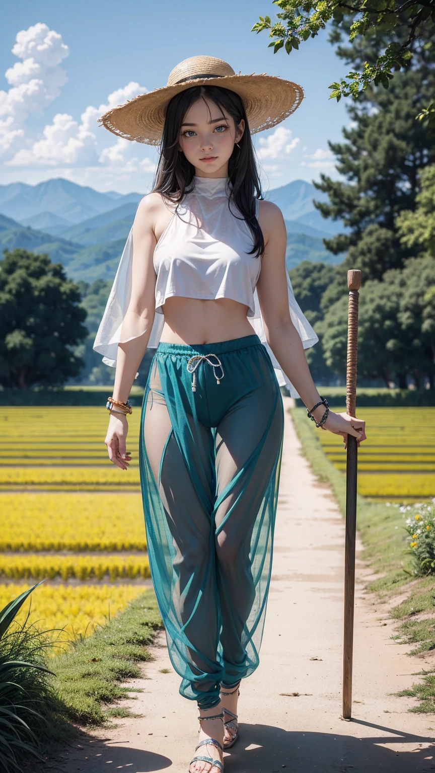 ((最high quality, 8K, masterpiece: 1.3, Ultra HD, high quality, 最high quality, High resolution, realism)) 、22 year old beautiful white woman、Hair color blonde、blue eyeedium hair、straight hair、smile、Slender but well-proportioned muscular body、Athlete-like body type、I don't want my head to disappear from the screen.、Wearing accessories on your wrist、put anklet on ankle、Wearing red nail polish、I have a peticure、Wear a high-neck zipper-up top、Transparent harem pants((harem pants))wear、サンダルwear、countryside on a summer evening、Walking along the ridge path of the rice fields、Cumulonimbus clouds in the evening sky、wear a large-brimmed hat、walk while swinging a wooden stick