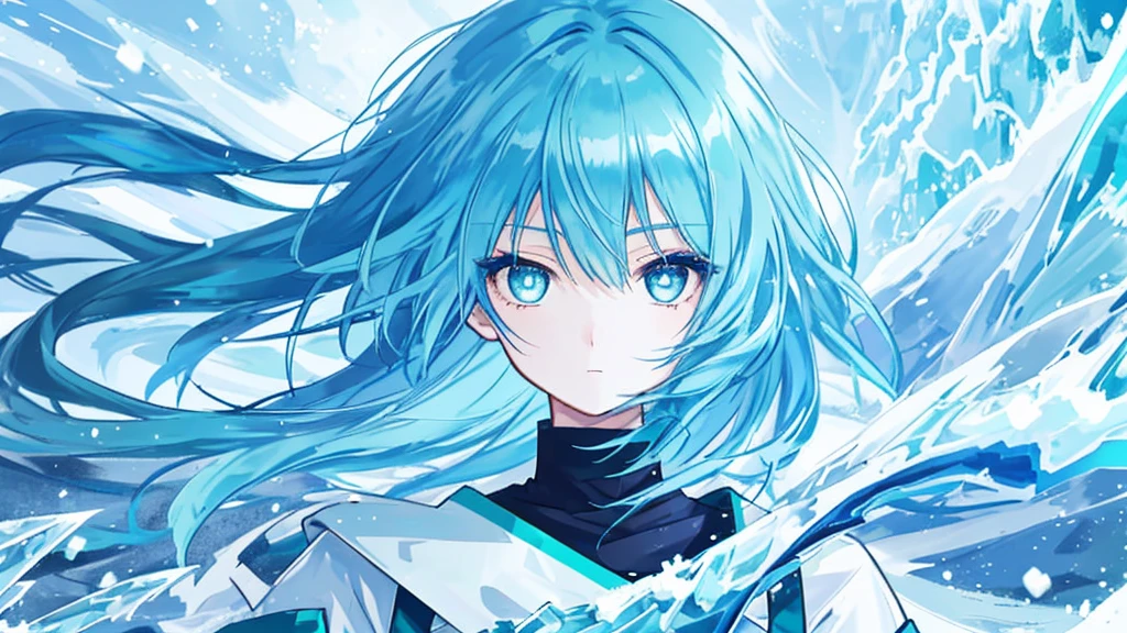 girl with blue hair, cyan eyes, teal hair, blue hair, ice, waves of snow and ice, sharp eyes, sky
