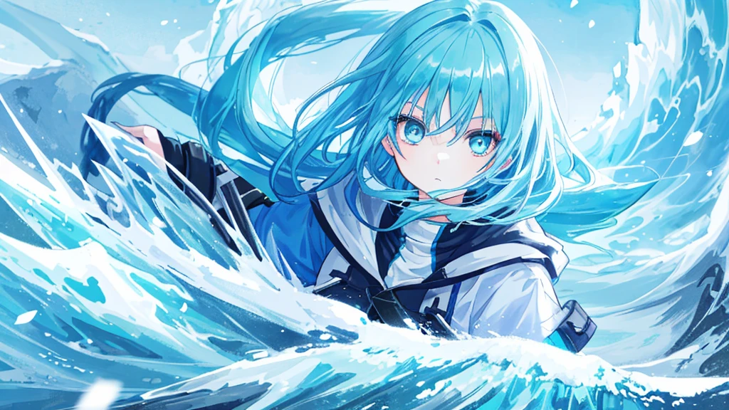 girl with blue hair, cyan eyes, teal hair, blue hair, ice, waves of snow and ice, sharp eyes, sky
