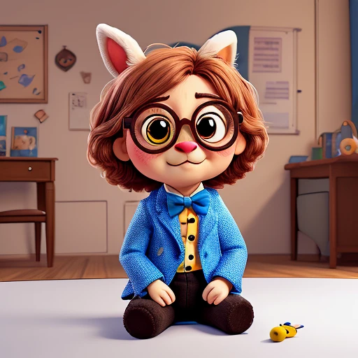 sit on a chair, cross your legs, 8K, Masterpiece, Realistic, Rabbit-themed character stuffed animal, Cute stuffed animal, A professor-like rabbit wearing small round black-rimmed glasses, the white lenses of the glasses have a cross written on them, and fluffy short ears. An upright rabbit, a rabbit with a large round face, a pink jacket, a bow tie with blue polka dots on yellow fabric, a fluffy texture, the button maker's Iris character "Irie", a symmetrical face,