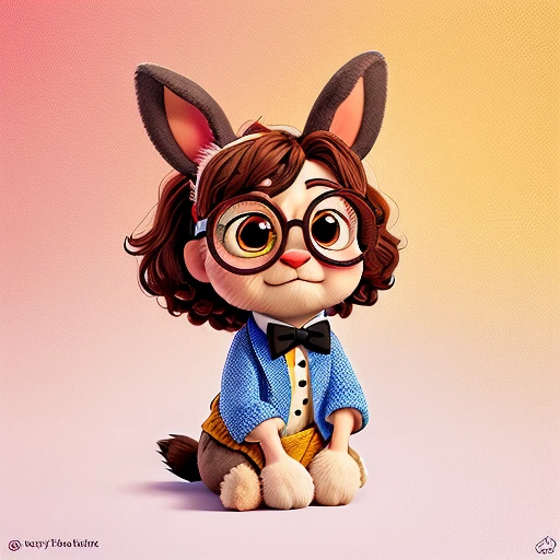 sit on a chair, cross your legs, 8K, Masterpiece, Realistic, Rabbit-themed character stuffed animal, Cute stuffed animal, A professor-like rabbit wearing small round black-rimmed glasses, the white lenses of the glasses have a cross written on them, and fluffy short ears. An upright rabbit, a rabbit with a large round face, a pink jacket, a bow tie with blue polka dots on yellow fabric, a fluffy texture, the button maker's Iris character "Irie", a symmetrical face,