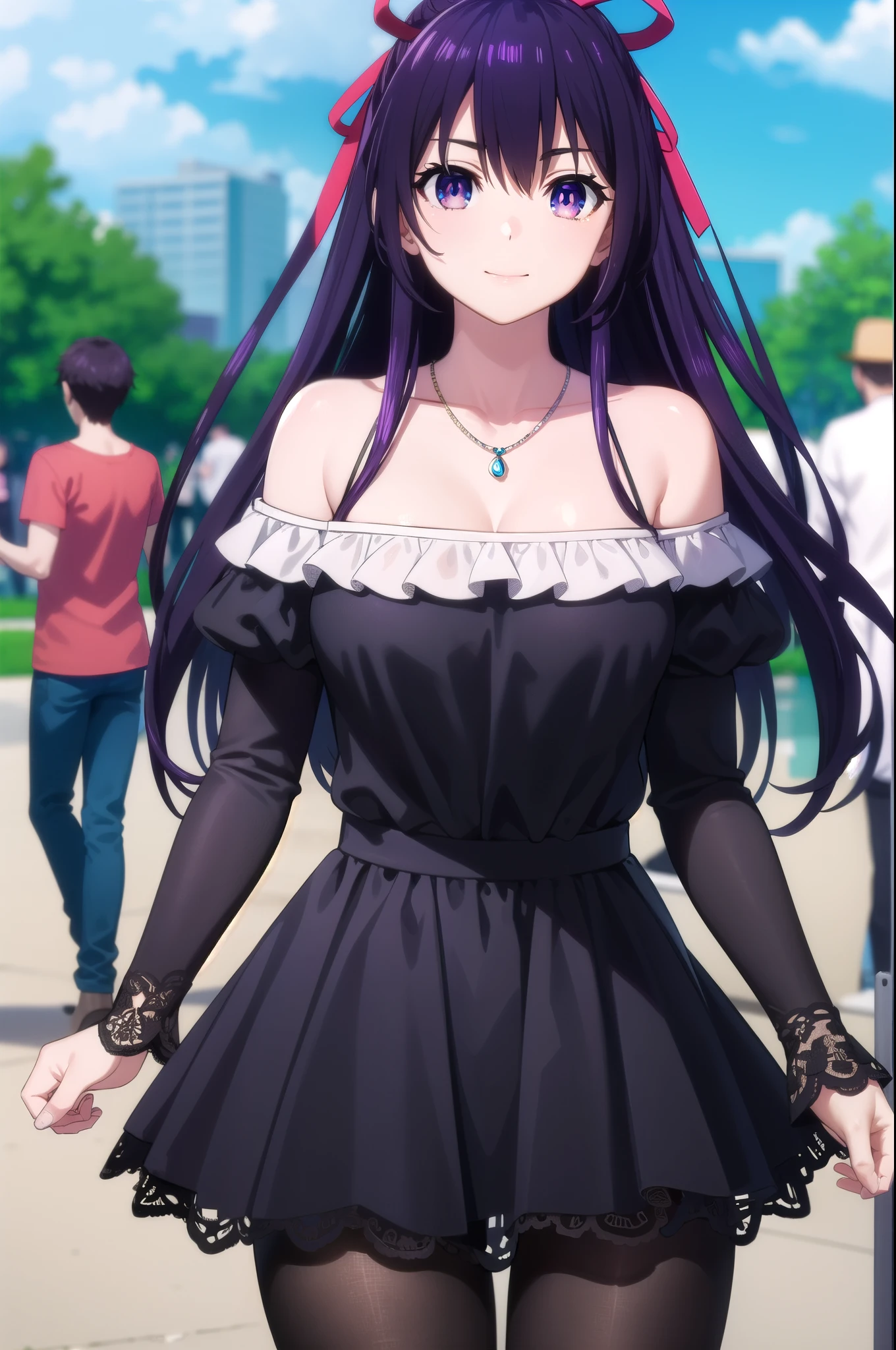 tohkayatogami, tohka yatogami casual, long hair, purple hair, alluringly smile, one piece dress, black dress, cold shoulder, off shoulder, lace dress, see through, lace sleeve, long sleeves, necklace, ribbon , (purple eyes:1.1), hair ribbon, ponytail, purple hair, white ribbon,g cup breasts, plump butt, pantyhose , black pantyhose
BREAK ,
BREAK outdoors, city, people, crowd, sky, clouds, sun, blue sky,
BREAK looking at viewer, (cowboy shot:1.5),
BREAK (masterpiece:1.2), best quality, high resolution, unity 8k wallpaper, (illustration:0.8), (beautiful detailed eyes:1.6), extremely detailed face, perfect lighting, extremely detailed CG, (perfect hands, perfect anatomy),