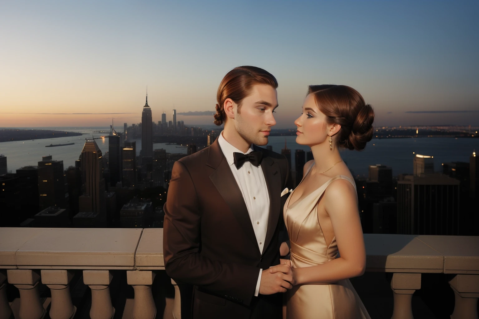 ((very wide shot with City skyline in the background)). New York, 2014. full body. A young ((((30-year-old)) Hank Mitchell)), tall, sturdy, square jawline, short beard, piercing blue eyes, instrospective, with his wife. . ((((elegant gala clothings from the 2010s)))), ((chestnut hairstyle of the 2010s))