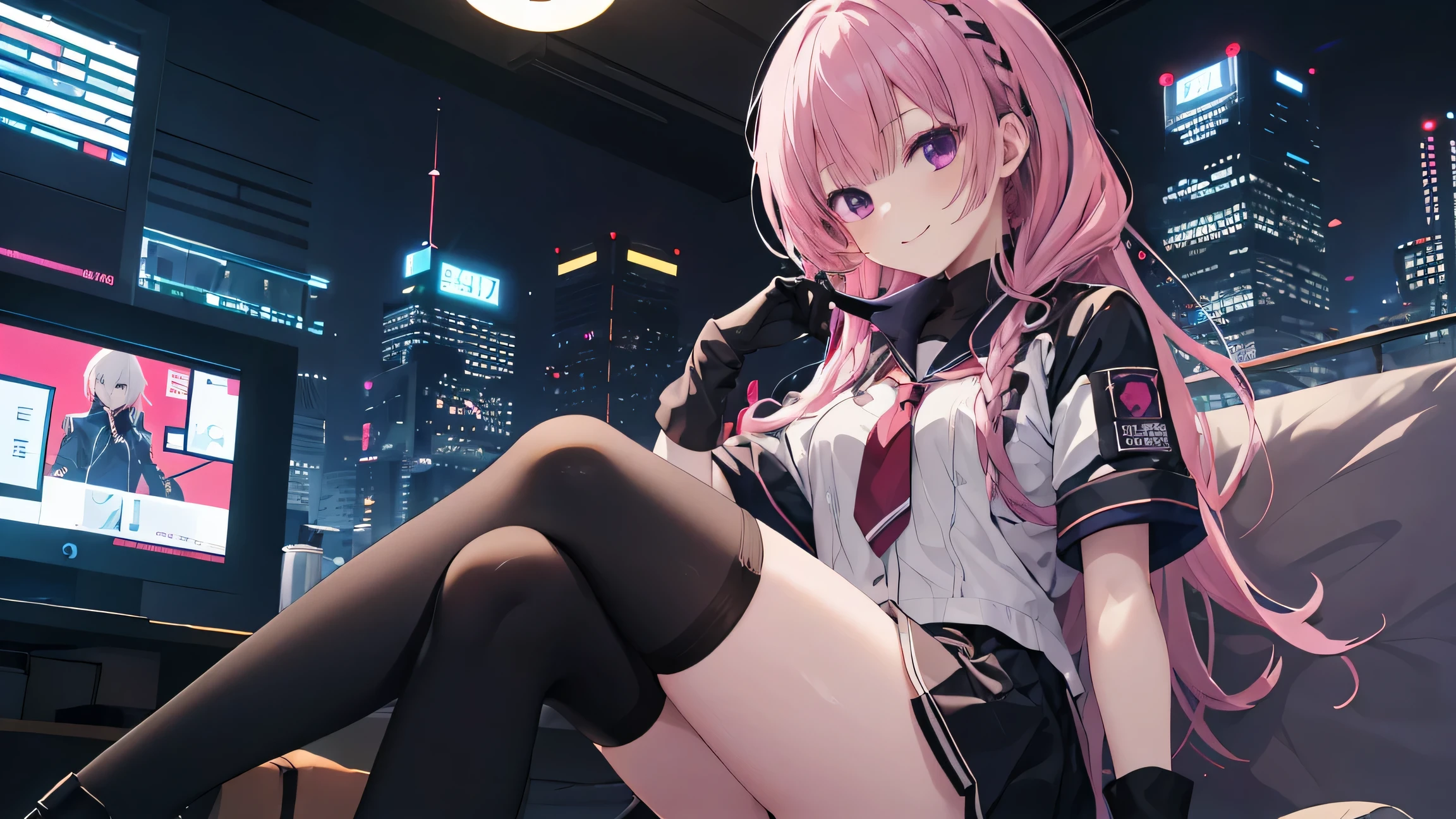 a girl，solo，Long pink hair，gentle，Smile，medium long hair，Distribute，White short sleeves，White short sleeves game clothes，black skirt，black underwear，black gloves，cyberpunk characters,night, night city background，digital punk, anime style 4k, Sitting on the sofa，indoors，in the bedroom，((black high-socks))，mitsukasa ayase、character-centered