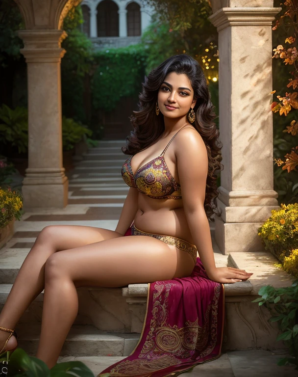 (masterpiece portrait photography:1.4) of a alluring sexy curvy tall supermodel Suhasini Iyer, posing in a garden , wearing beautiful, wearing ornate bikini, ornate venetian garden, heels, arms over head, armpits, (big flowing backlit hair), vivacious, lustful glance, exhilarated (captivating kohl lined eyes:1.1) , (seductive smile:1.3) soft dramatic lighting, falling leaves and flowers bokeh, key lighting backlit, light rays, highly detailed, trending on artstation, paint splashes, rich colour, wind all around, abstract portrait, by Ron hicks