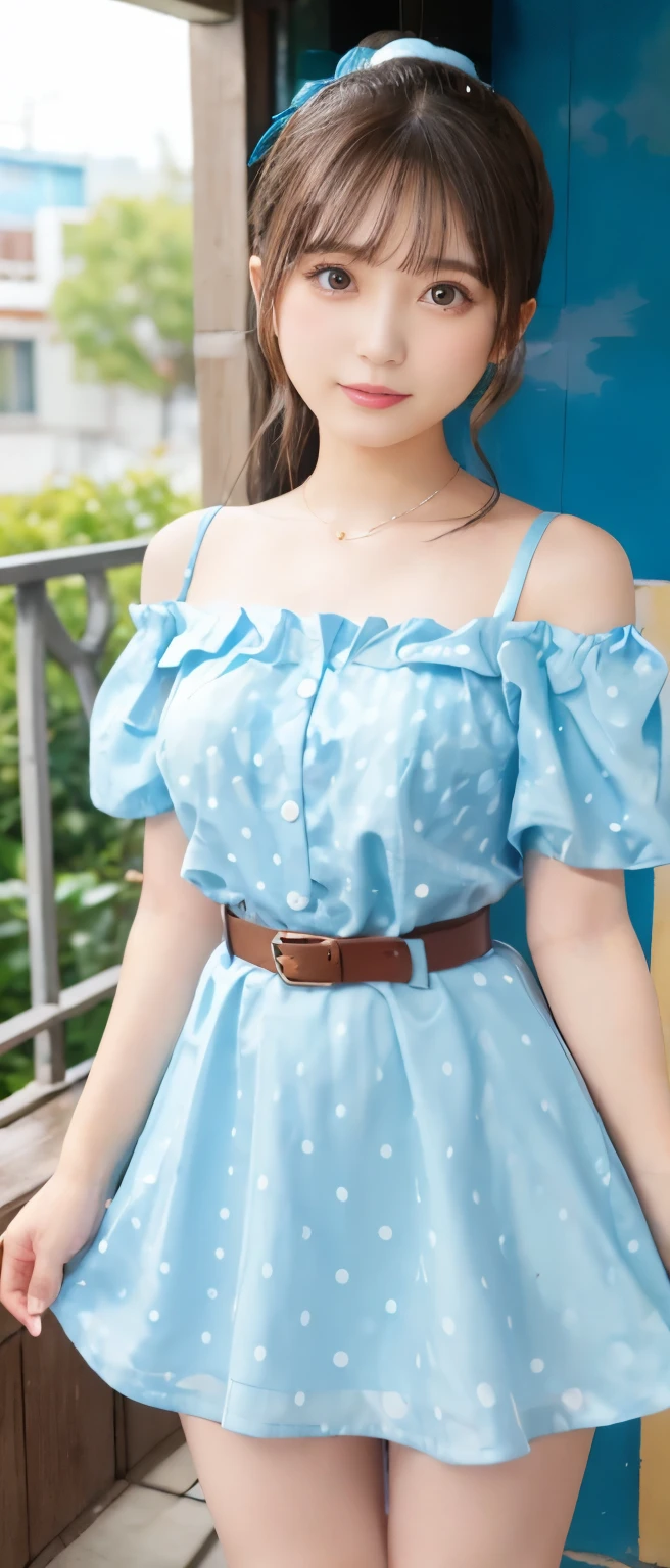Fairy tale pop idol girl、、Yellow and blue polka dot mini dress（off shoulder）、、、good style、whole body、、shiny belt、、Light Brown Ponytail、