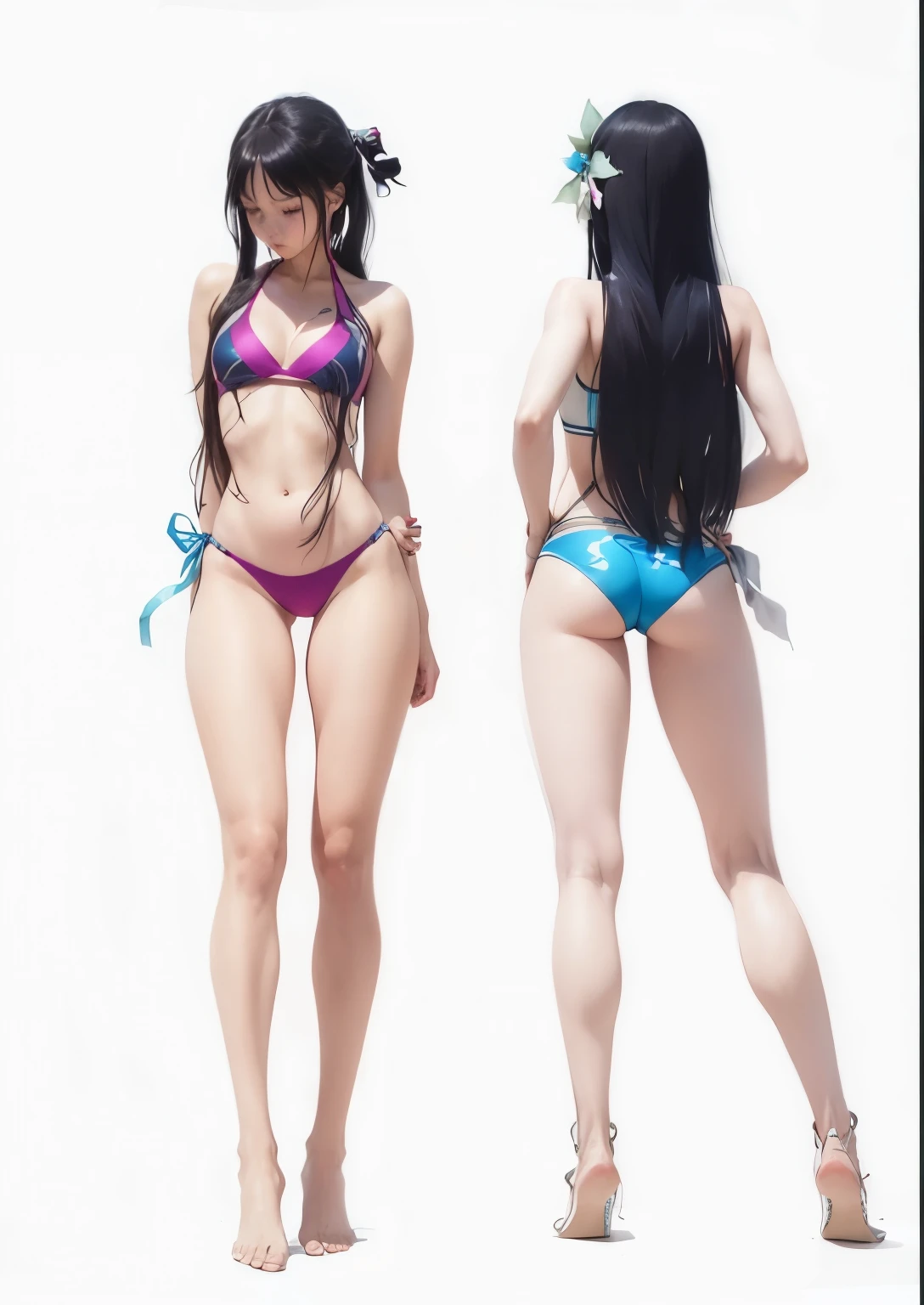a drawing of two women in bikinis with long hair, wearing a swimsuit, whole body concept, anime whole body illustration, 动漫女人whole body艺术, whole body xianxia, realistic bikini, Nico Robin, whole body illustration, whole body!!, 《Steins;Gate》Mayuri Shiina in, One ride and one boat, clothing: bikini