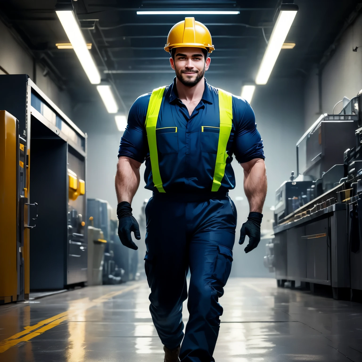 I imagine a 30-year-old man, tall and strong, wearing a factory work uniform. His uniform is dark blue, with fluorescent yellow details for safety. He wears a bright yellow protective helmet with a transparent visor that reflects the light. His face is illuminated by a radiant smile, and his eyes convey determination and confidence. He holds a toolbox firmly in one hand, and his step is steady as he walks across the factory floor. You can feel the vibration of the machines and hear the sound of equipment operating around him. Despite the industrial environment, his facial expression shows genuine happiness and unwavering determination in his work.