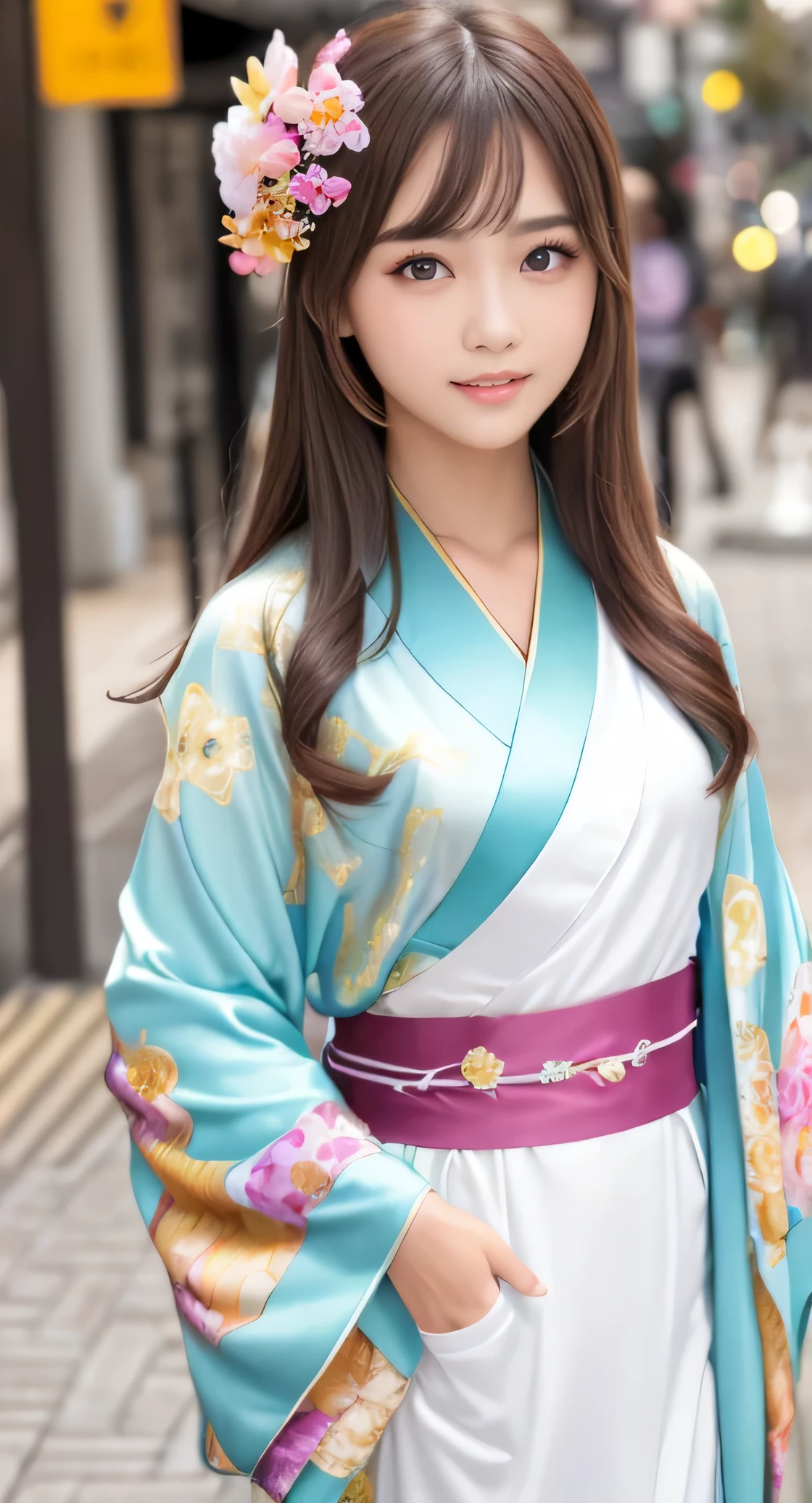 Angelic very beautiful cute young girl,
Beautiful detailed eyes, (12 yo:1.3),
Detailed double eyelids,
(Soft Saturation: 1.3),
(Fair skin: 1.3),v-line jaw,
(Large eyes:1.4),
Long straight brown hair,
see-through bangs,
Sharp Focus,
beautiful detailed face and eyes,
drooping eyes,
small straight nose,
small mouth,
happy smiling with visible teeth, 85mm lens, F/8.0,BREAK (Super gorgeous flashy colored long sleeves kimono:1.5), (beautiful flowers pattern furisode:1.3) , Walking,Brown hair ,(Costumes with strong reflective surfaces:1.3),
(Best Quality:1.2),
Raw photo,
High resolution,
perfect detail,
Professional Photography,
Professional Lighting,
Powerful lighting of the costume,In the street