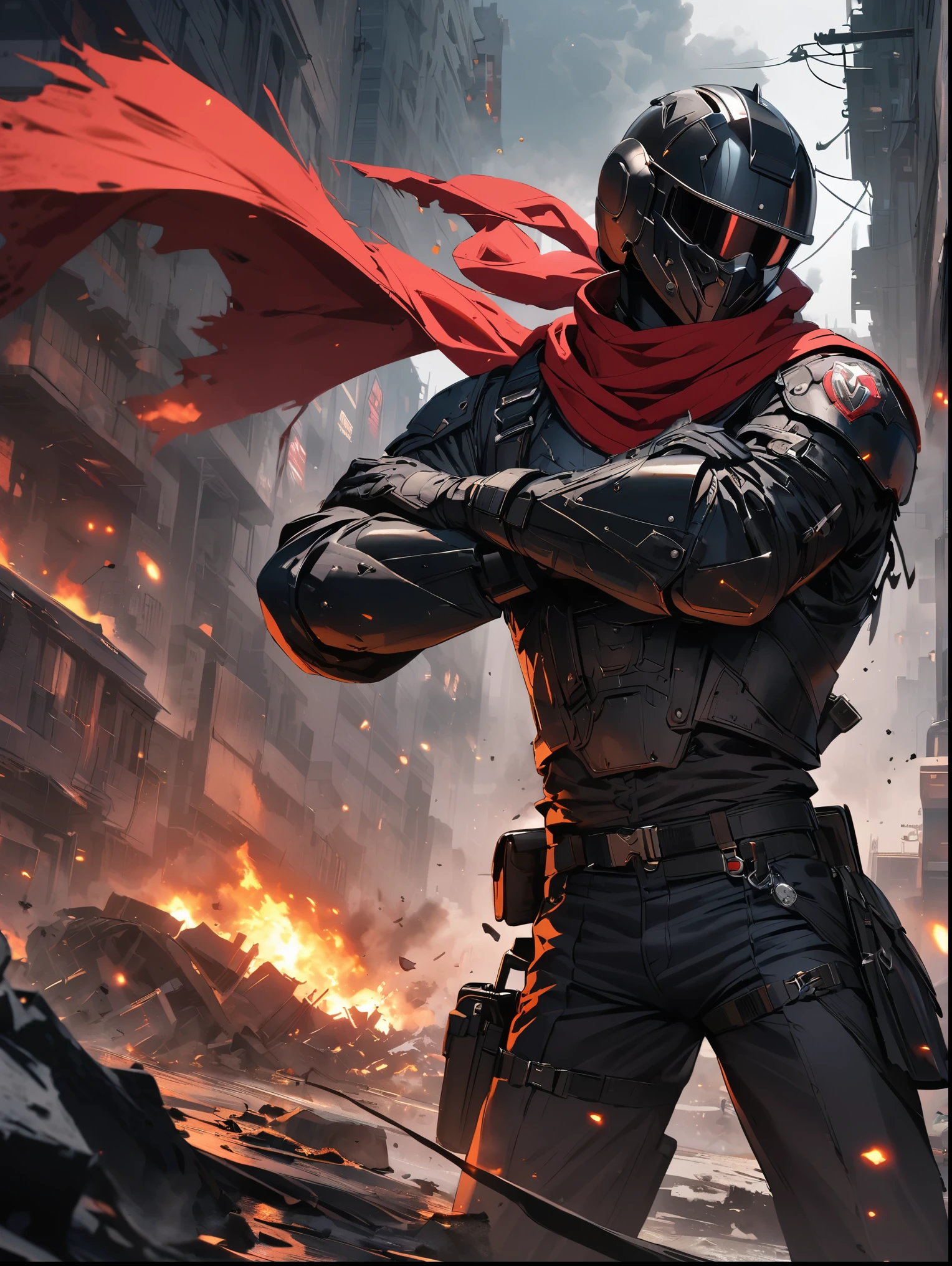 8K resolution, ((highest quality)), ((masterpiece)), ((super detailed)), (very delicate and beautiful), an adult male, Black Full Face Helmet, motorcycle helmet, black bodyarmor, a battered red scarf is fluttering, cool, heroism, hero, a cool pose, Equipped with a holster at the waist, have small scratches and stains all over one's body, villain, Darkness, evil depravity, He is wearing tattered black body armor, He hides his face with a tattered black helmet, He is wearing a tattered red scarf, a tattered red scarf flutters in the wind, disaster atmosphere, dark atmosphere, gloomy, whole body, a city area, a ruined city