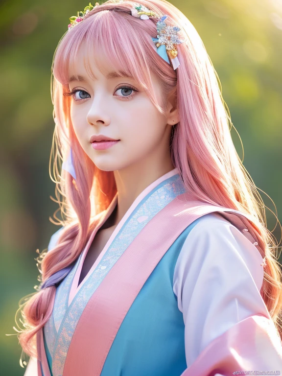 (finely detailed beautiful eyes and detailed face,masterpiece sidelighting,masterpiece,best quality,detailed,High resolution illustration),, (1 girl,whole body,beautiful girl,shiny skin,look down,looking at the audience),, (pink hair,blue eyes,ribbon,Hanbok, korean clothes), (clothed_Lower chest圍:1.2),Lower chest,