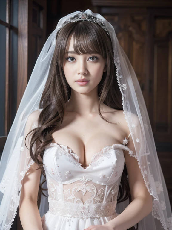 Highly detailed CG Unity 8k wallpaper, top quality, super detailed, masterpiece, realistic, photorealistic, highly detailed cute girl, (25 years old), blush, round eyes, small breasts, viewer, semi-body shot, white wedding dress, cleavage, veil