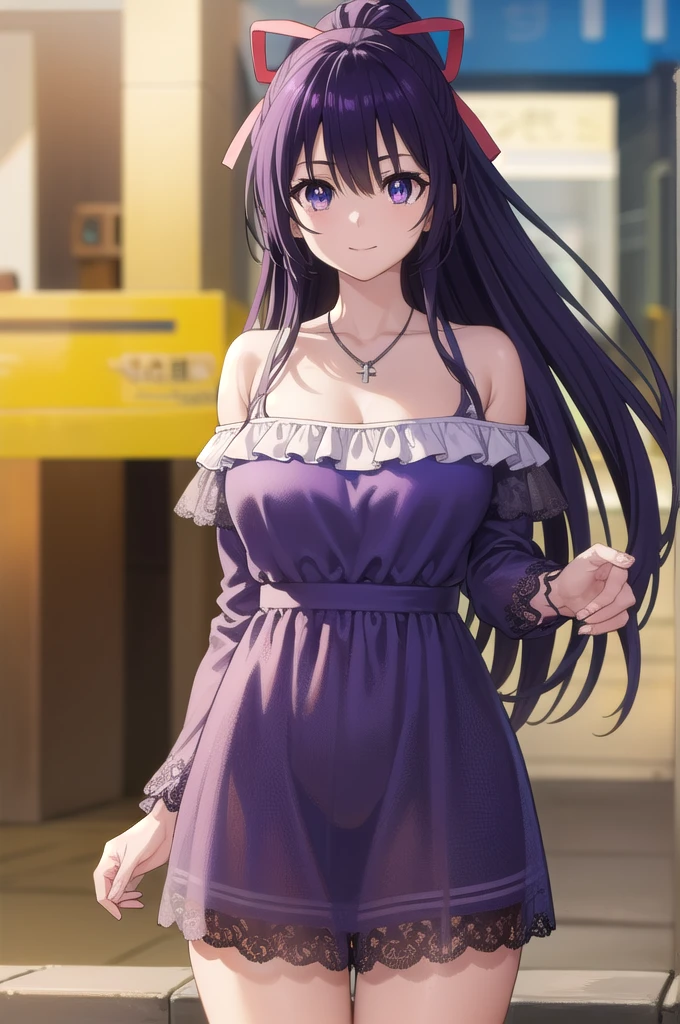 tohkayatogami, tohka yatogami casual, long hair, purple hair, alluringly smile, one piece dress, black dress, cold shoulder, off shoulder, cross neck bra string, lace dress, see through, lace sleeve, long sleeves, necklace, ribbon , (purple eyes:1.1), hair ribbon, ponytail, purple hair, white ribbon,g cup breasts, plump butt,
BREAK ,
BREAK outdoors, city, people, crowd, sky, clouds, sun, blue sky,
BREAK looking at viewer, (cowboy shot:1.5),
BREAK (masterpiece:1.2), best quality, high resolution, unity 8k wallpaper, (illustration:0.8), (beautiful detailed eyes:1.6), extremely detailed face, perfect lighting, extremely detailed CG, (perfect hands, perfect anatomy),