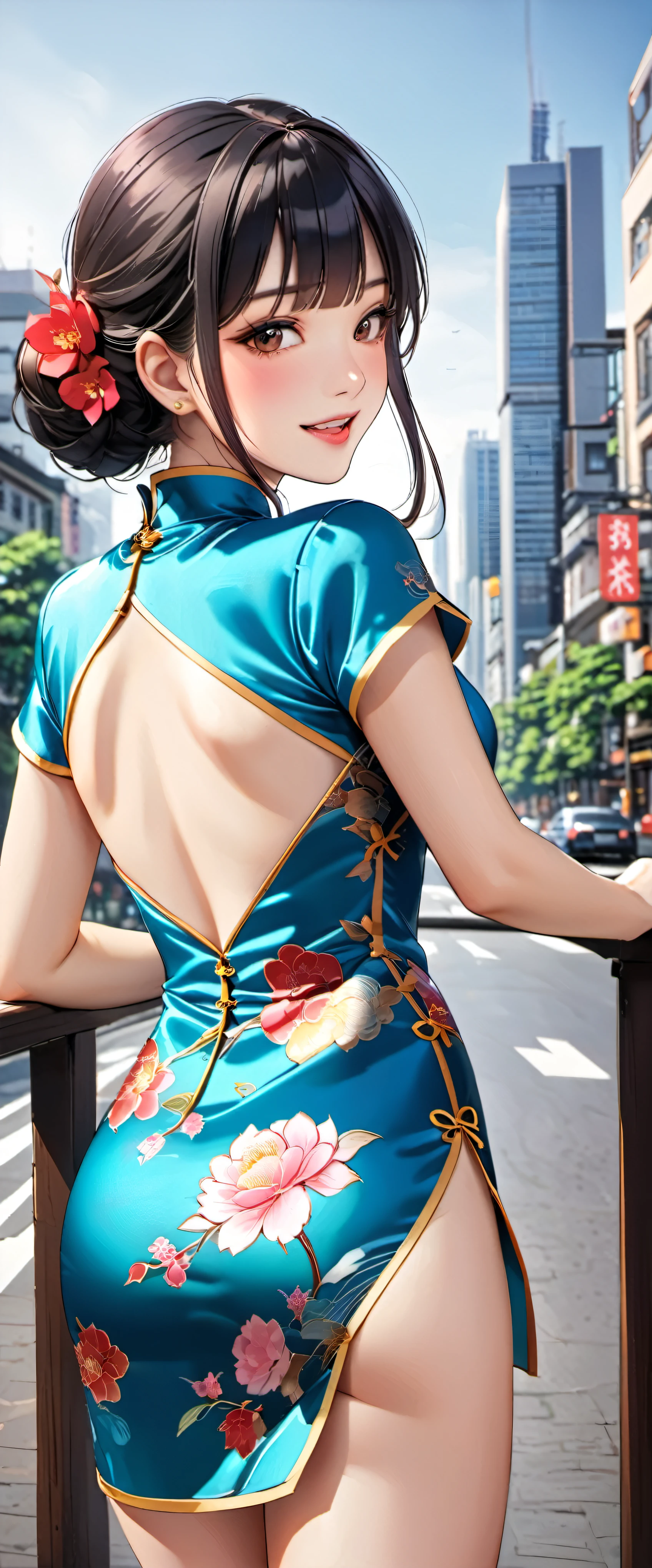 woman,20-year-old,city,(((Silk cheongsam))),,open mouth smile((black hair)),blush、,((turn around and look back))()Reflecting the buttocks